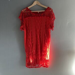 Women's Stretchy Red Lace  Blouse Short  Sleeve Scoop Neck Top Plus Size 3XL